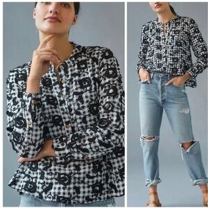 Anthropologie Pilcro The Whitney Trapeze Embroidered Gingham Buttondown Top